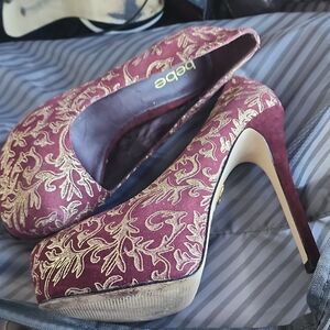 Bebe Maroon and Gold Embroidered Heels